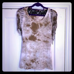 CUTE! Boho hippie fringe tie dye sleeve t-shirt